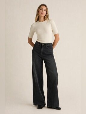 Quince Bella Wide Leg Jeans Black Stretch High Rise 32x31 Minimalist Clean Girl